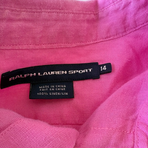 Ralph Lauren Sport Size 14 Pink Linen Button Up Roll Tab Sleeves Pockets Casual - Picture 2 of 13